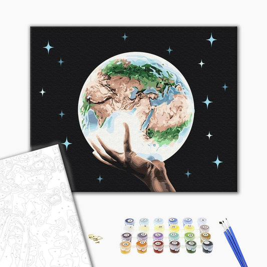 Painting by numbers Planet in human hands