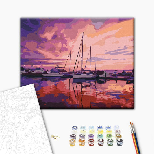 Painting by numbers Pink sunrise at the yacht club