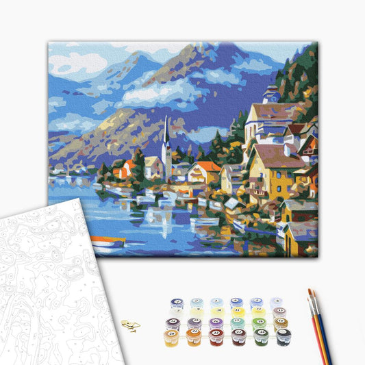 Painting by numbers Vilage at the foot of the mountain