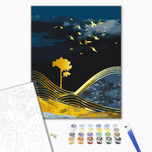 Painting by numbers Night nature with golden paint